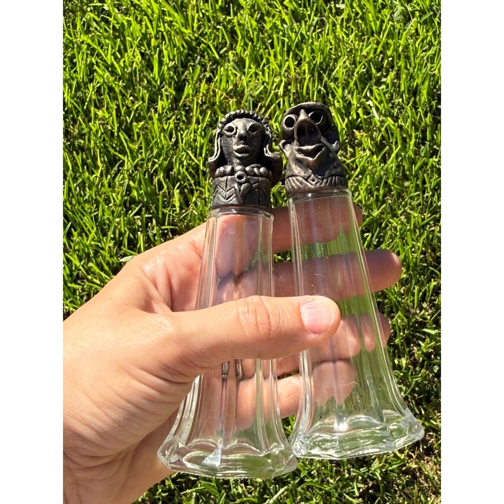 Vintage Folk Art Pewter Face Salt and Pepper Shakers Glass USA Bases Set of 2